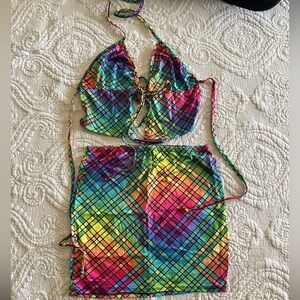 Dolls Kill Rainbow Plaid Halter and Skirt Set